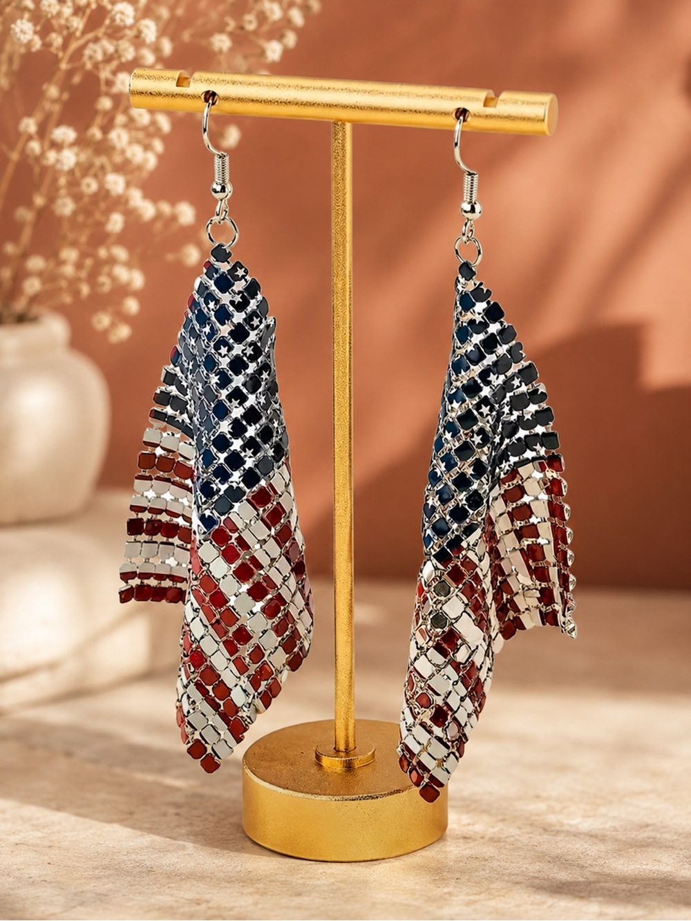 Patriotic Red White Blue Tassel Chainmail Earrings about 3.25”